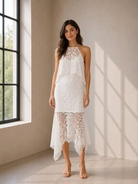 Shona Joy Ivory Eyelash Lace Handkerchief Midi Dress High Neck NWT US 2 0511
